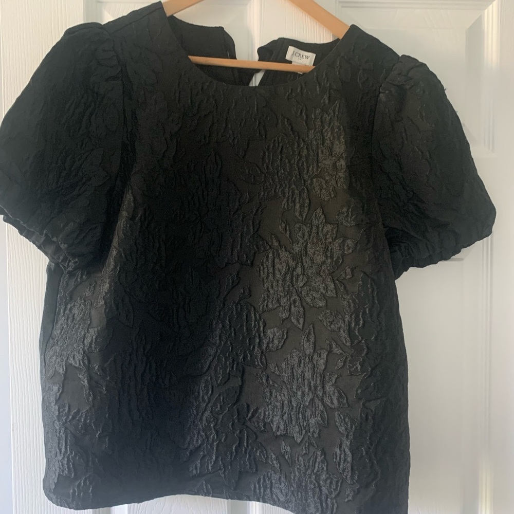 JCrew Black Floral puff sleeve top